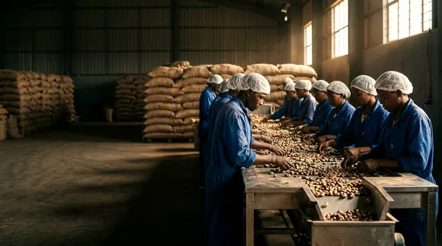 Linha de escolha de castanha de caju numa unidade de agro-processamento